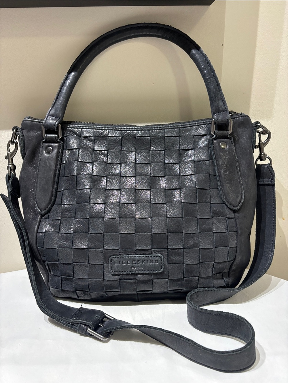 Liebeskind Black Leather with Black & White Geometric lining Crossbody Bag